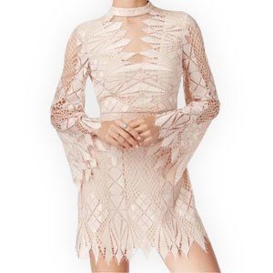 Free People Ivory Beige Deco Lace Cutout Eyelash Hem Bell Sleeve Mini Dress - 8*